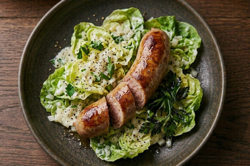 Gebratene grobe Bratwurst mit Rahm-Kopfsalat