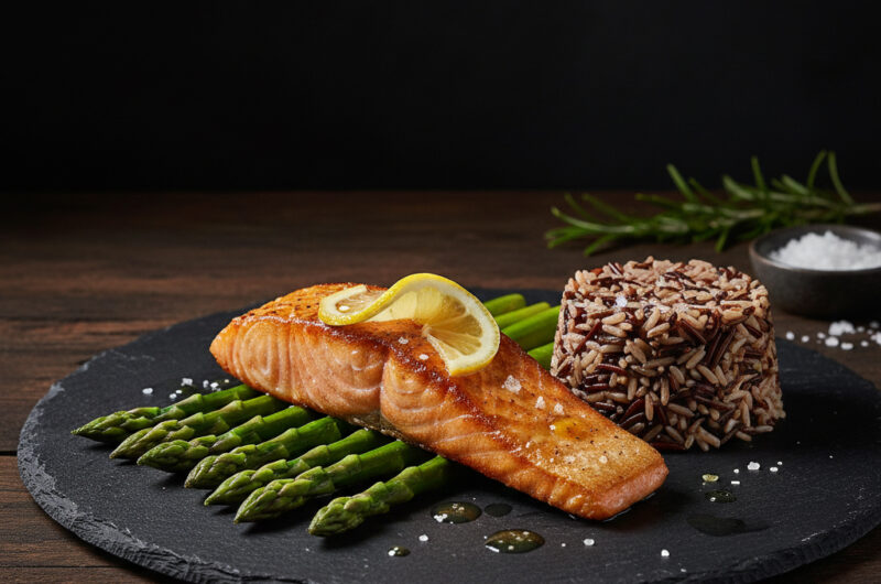 Gebratenes Lachsfilet auf Zitronen-Spargel