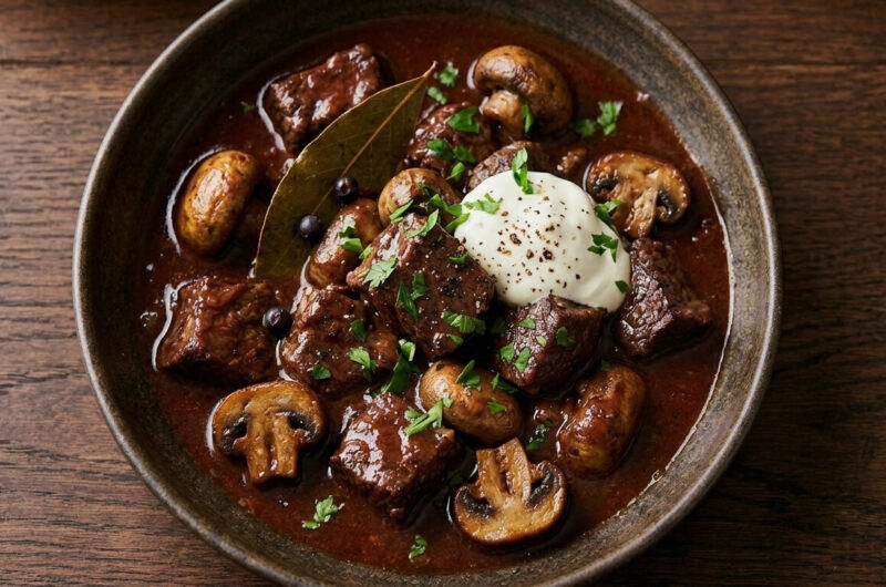 Geschmortes Wagyu-Gulasch mit Waldpilzen