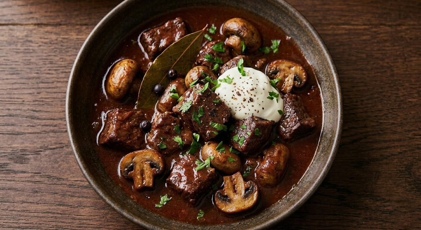 u003cbru003eGeschmortes Wagyu-Gulasch mit Waldpilzen