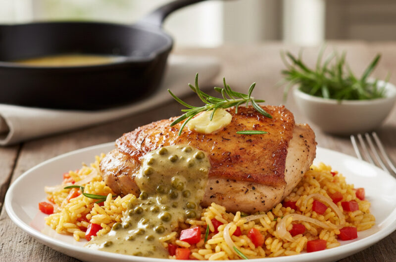 Goldene Rosmarin-Hähnchenschenkel auf feinem Paprika-Zwiebel-Reis