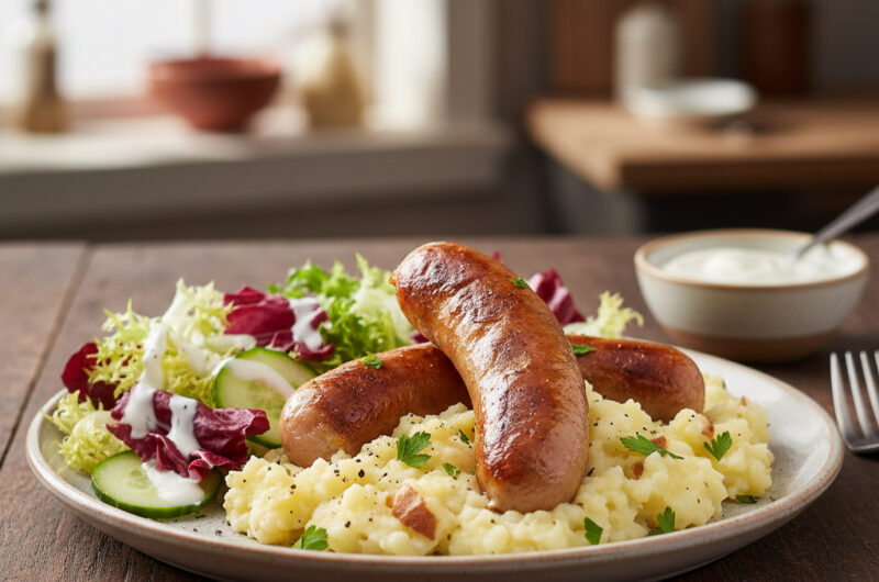 Herzhafte Whiskey-Bratwurst auf cremigem Kartoffelstampf & buntem Gartensalat