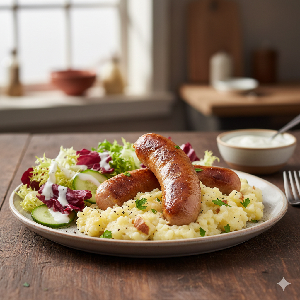 u003cbru003eHerzhafte Whiskey-Bratwurst auf cremigem Kartoffelstampf u0026amp; buntem Gartensalat