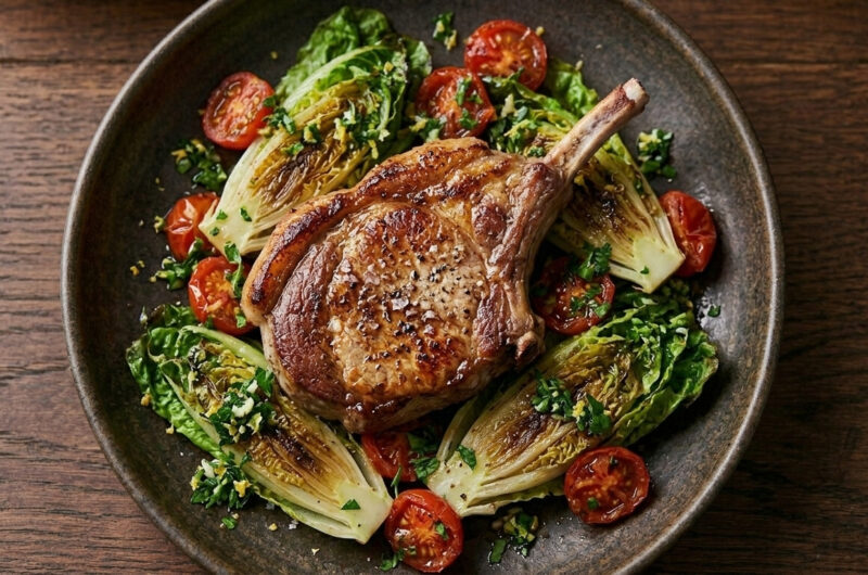 Kalbskotelett mit geschmortem Romanasalat und Cherry-Tomaten