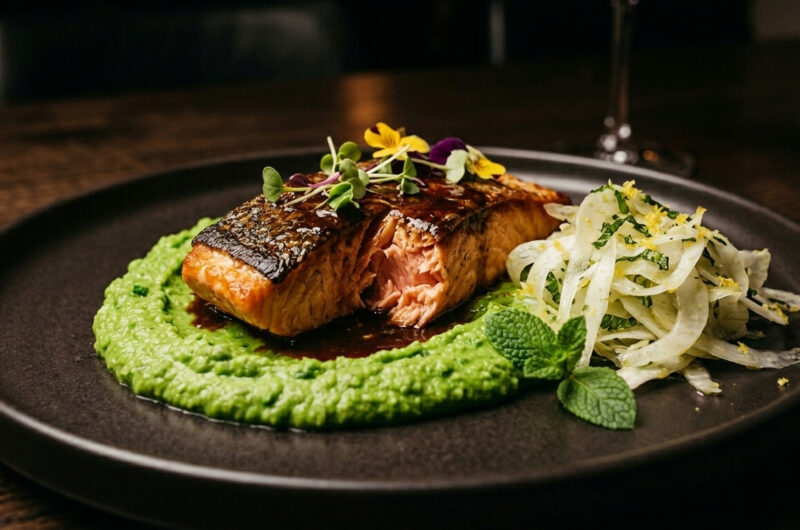 Lachsfilet auf cremigem Erbsen-Minz-Püree mit mariniertem Fenchel