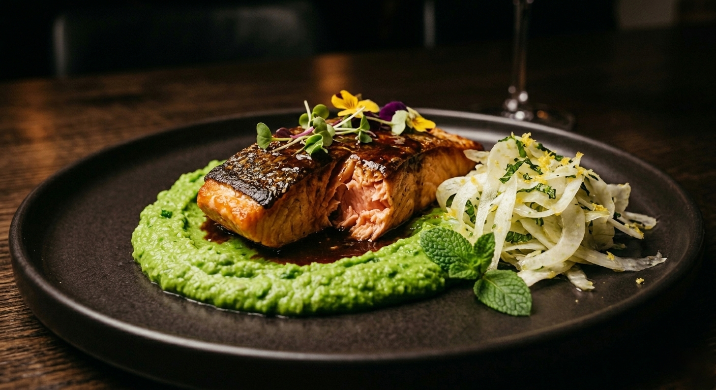 u003cbru003eLachsfilet auf cremigem Erbsen-Minz-Püree mit mariniertem Fenchel