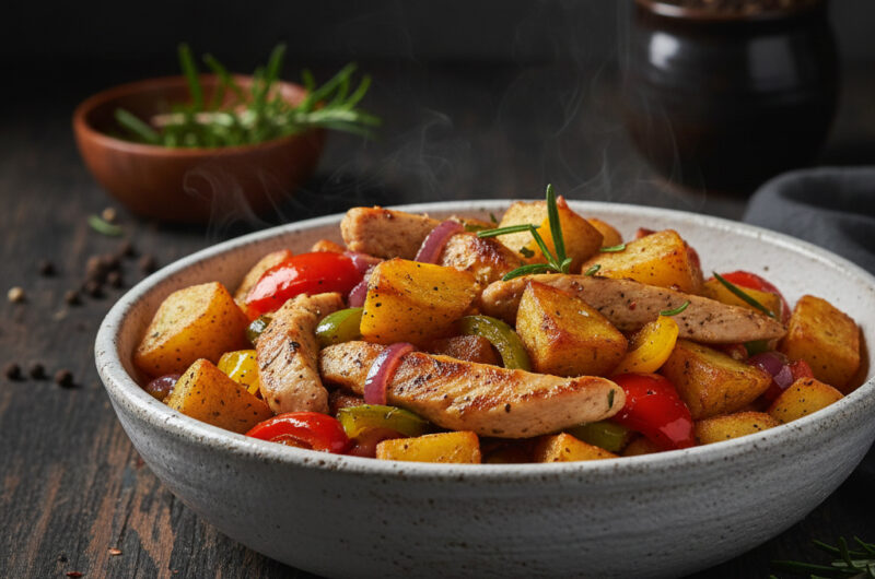 Mediterrane Hähnchen-Pfanne mit Rosmarinkartoffeln