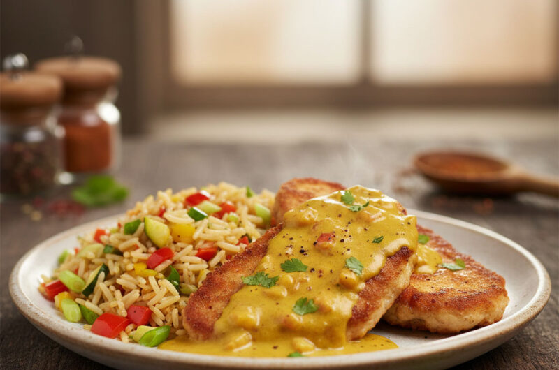 Putenschnitzel mit Currysauce & buntem Pfannenreis