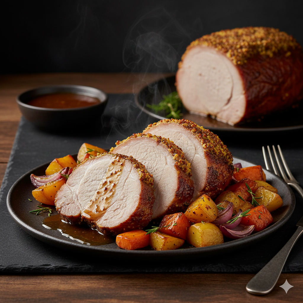 u003cbru003eSchweinenackenbraten mit buntem Ofengemüse