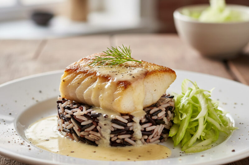 Steinbeißerfilet in feiner Pernodsauce mit schwarz-weißem Reis & Staudensellerie
