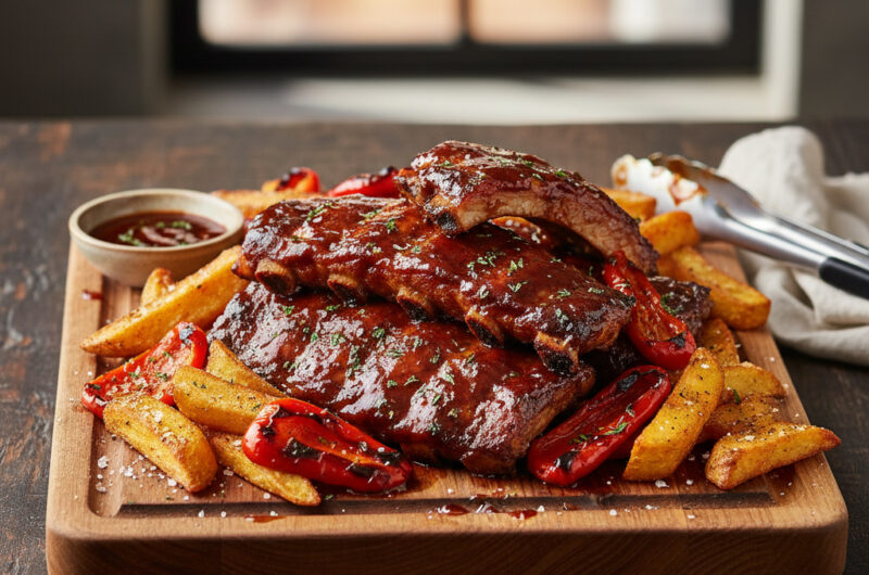Sticky BBQ-Spareribs mit Röstpaprika & Steakhouse-Pommes