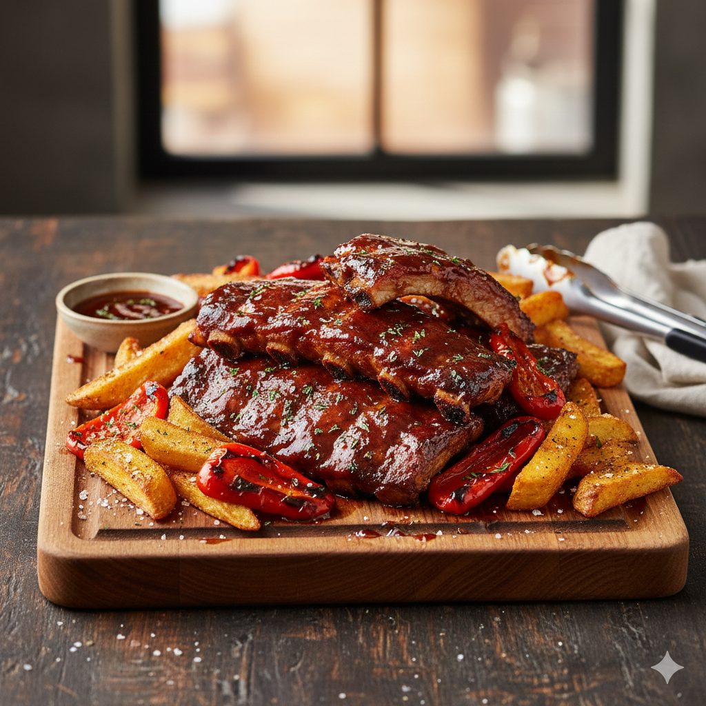 u003cbru003eSticky BBQ-Spareribs mit Röstpaprika u0026amp; Steakhouse-Pommes