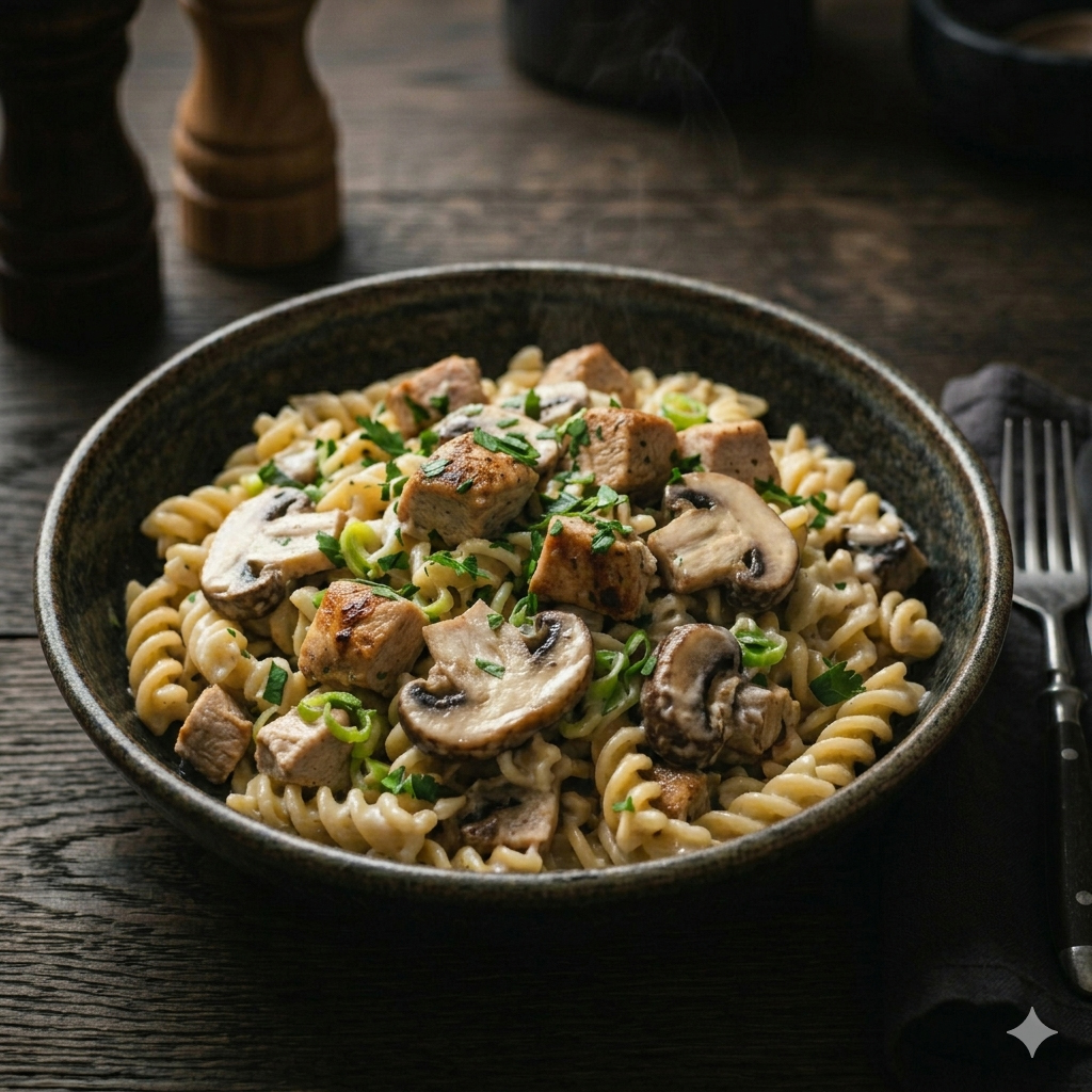 u003cbru003eCremige Hähnchen-Pfanne mit Champignons und Hochzeitnudeln