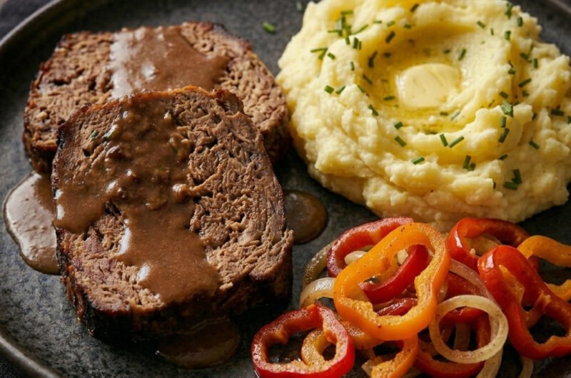 Deftiger Rinderhackbraten mit Spitzpaprika-Gemüse und Kartoffelstampf