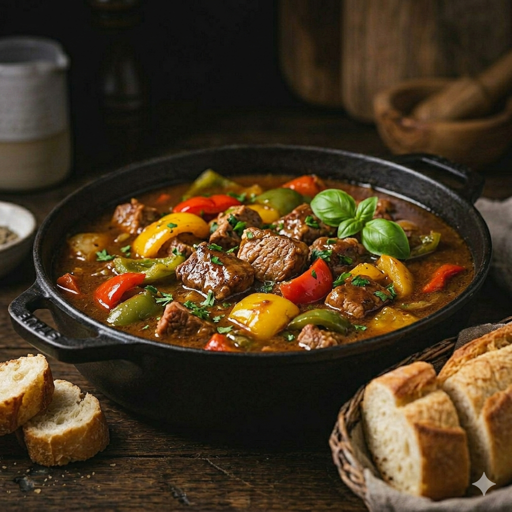 u003cbru003eDeftiges Schinkengulasch mit Paprika u0026amp; frischem Baguette