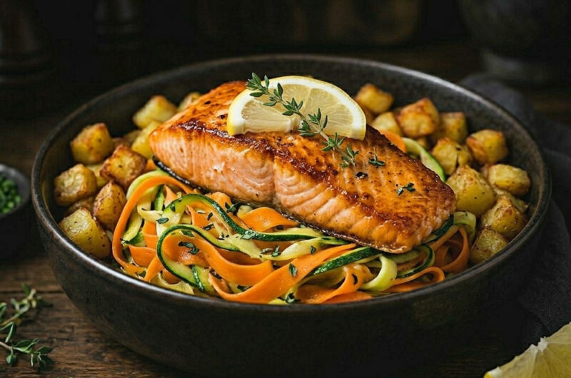 Gebratene Lachssteaks auf Zitronen-Möhren-Gemüse & Röstkartoffeln