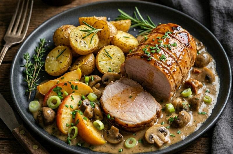 Glasierter Schweinerückenbraten mit Apfel-Zwiebel-Gemüse