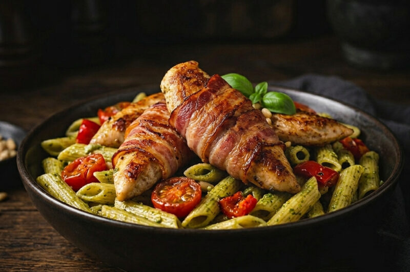 Hähnchenbrust im Baconmantel auf Pesto-Pasta
