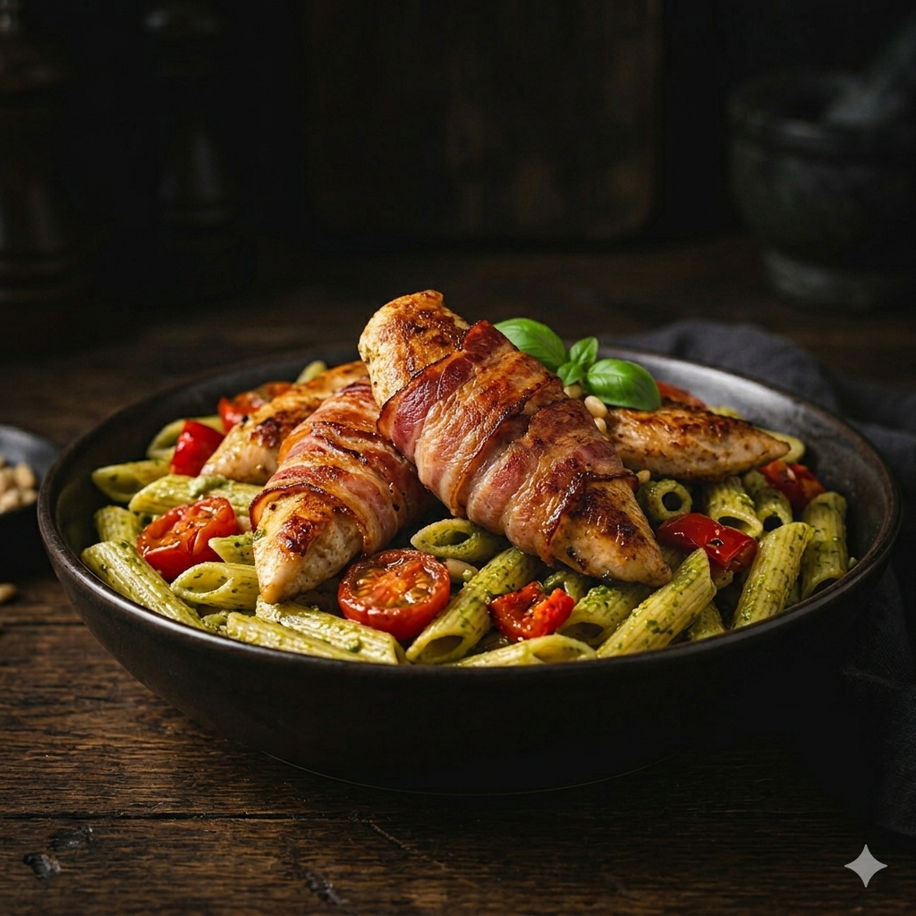 u003cbru003eHähnchenbrust im Baconmantel auf Pesto-Pasta