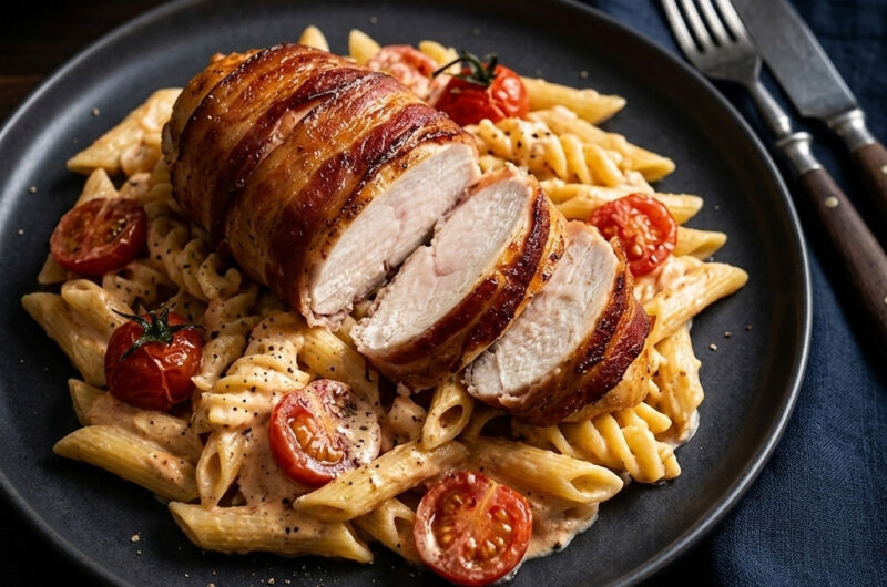 Hähnchenbrustfilet im Baconmantel auf Pasta mit Rispentomaten