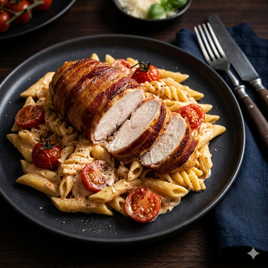 u003cbru003eHähnchenbrustfilet im Baconmantel auf Pasta mit Rispentomaten