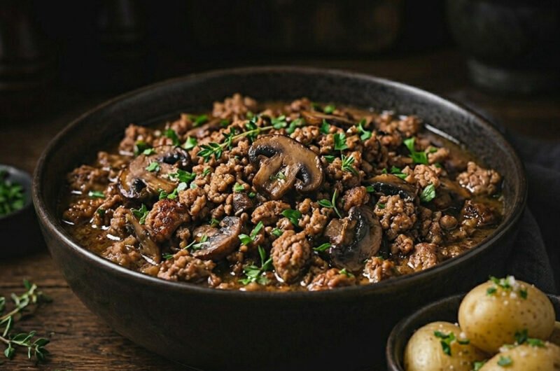 Herzhafte Hackfleisch-Champignon-Pfanne mit Salzkartoffeln