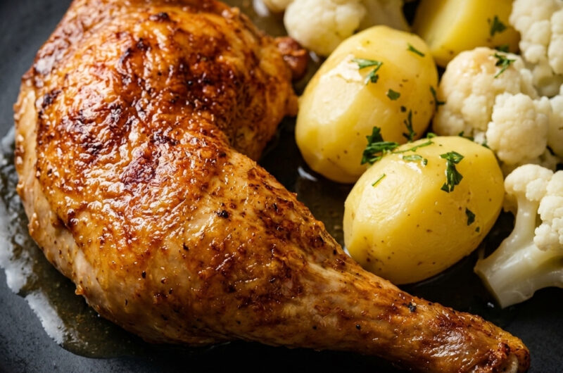Knusprige Hähnchenschenkel mit Kräuter-Kartoffeln und Butter-Blumenkohl