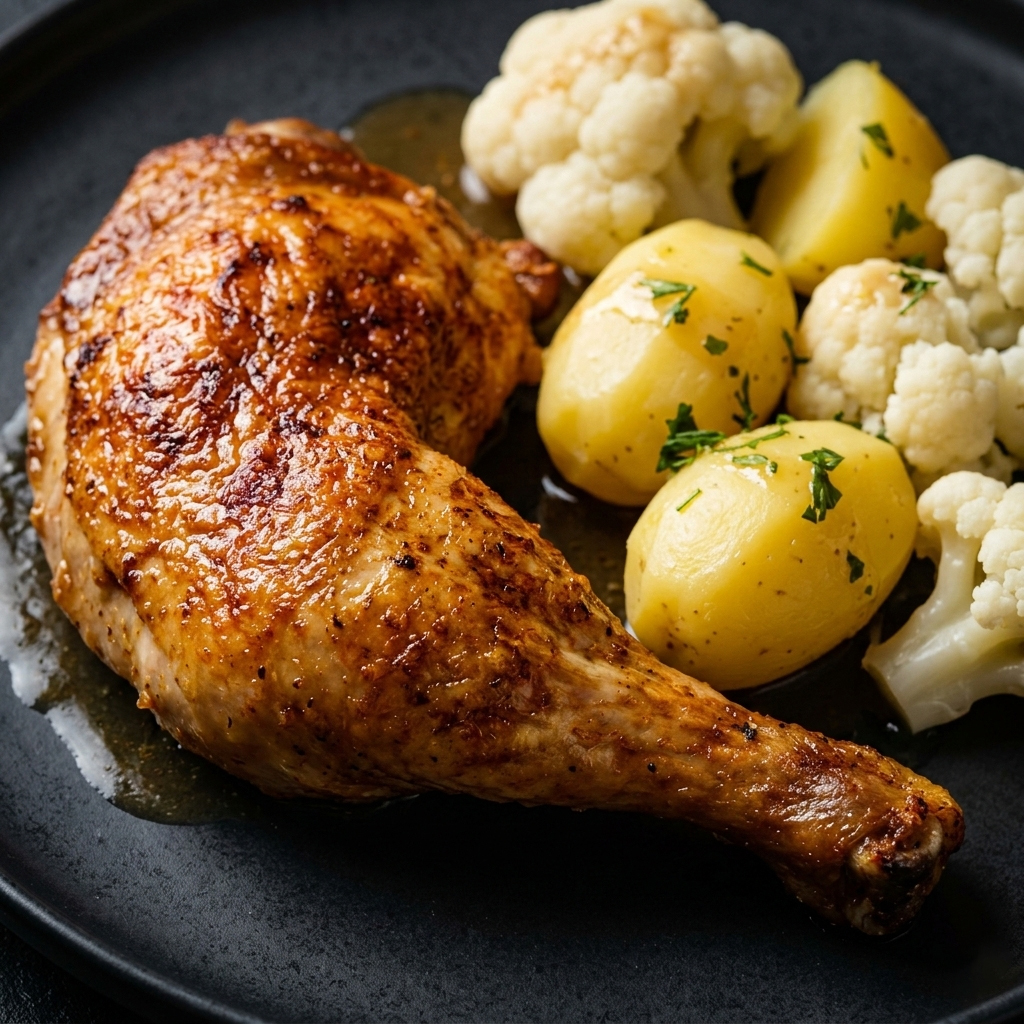 u003cbru003eKnusprige Hähnchenschenkel mit Kräuter-Kartoffeln und Butter-Blumenkohl