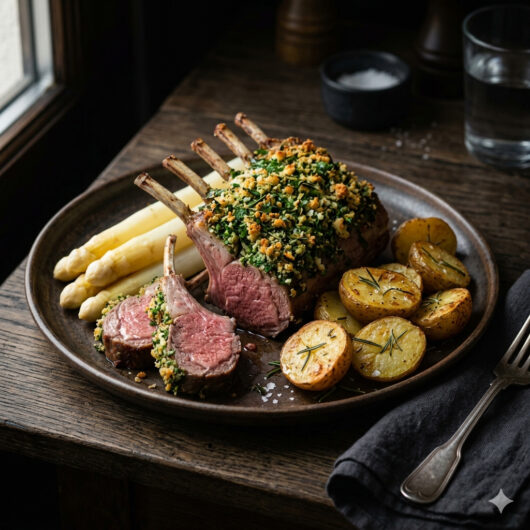 Kräuter-Lammkrone mit weißem Spargel und Rosmarinkartoffeln