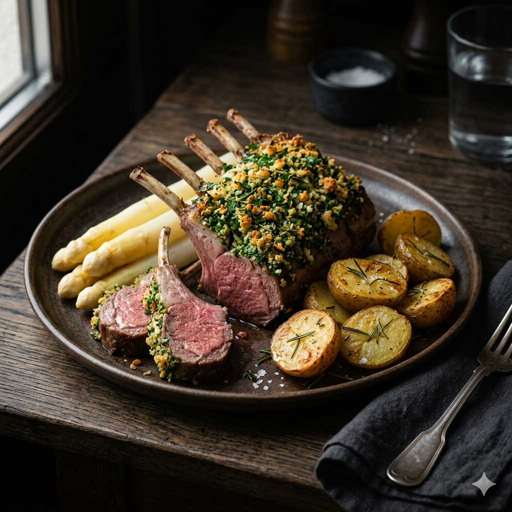 u003cbru003eKräuter-Lammkrone mit weißem Spargel und Rosmarinkartoffeln