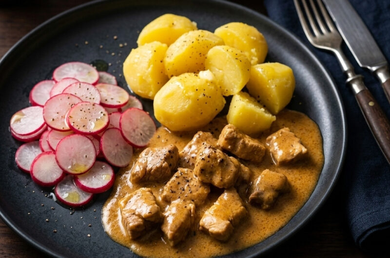 Putengulasch mit Salzkartoffeln und knackigem Radieschensalat