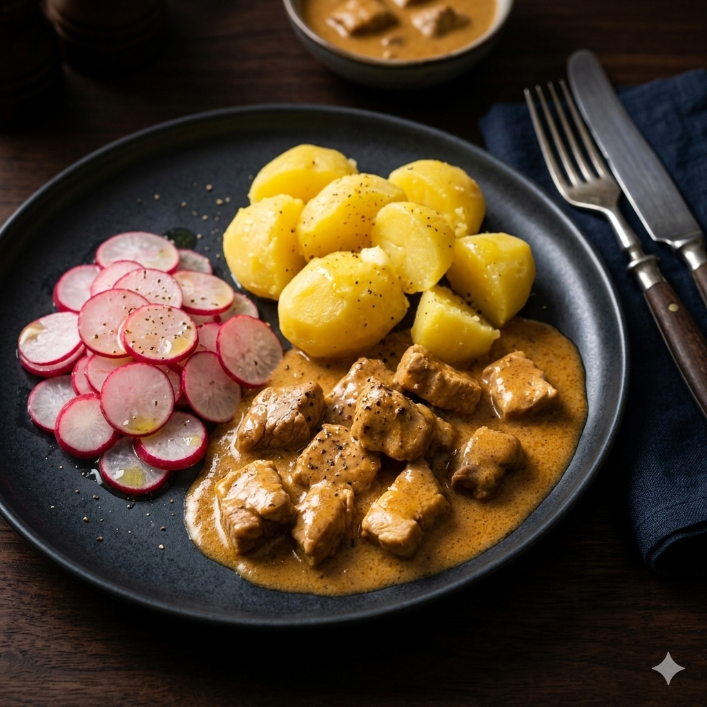 u003cbru003ePutengulasch mit Salzkartoffeln und knackigem Radieschensalat