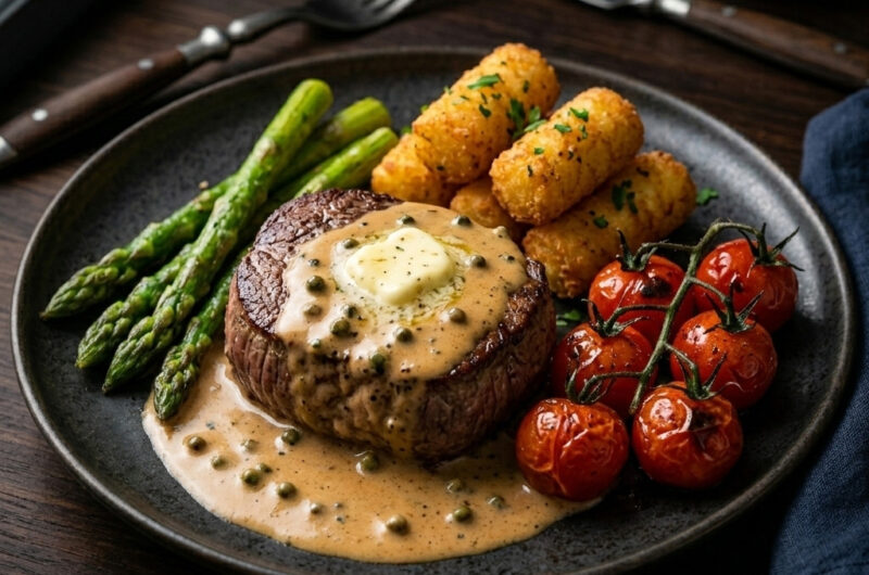 Rinderfiletsteak an Schalotten-Pfeffer-Rahm mit Kräuter-Kroketten und geschmorten Rispentomaten