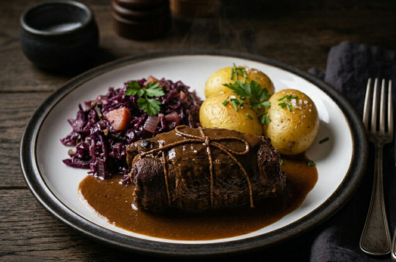 Klassische Rinderrouladen mit Apfel-Rotkohl und Salzkartoffeln