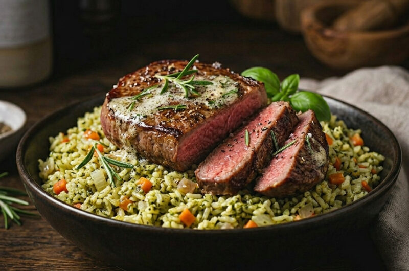Rosa Hüftsteak mit Rosmarin-Butter & buntem Gemüsereis