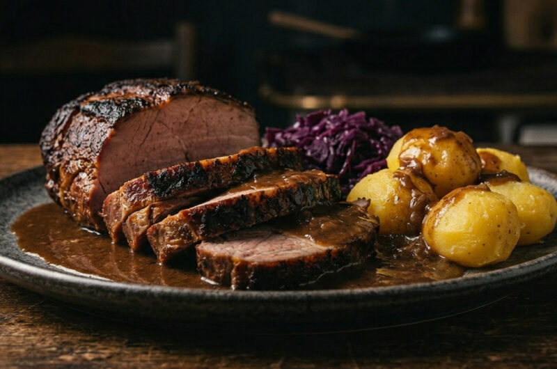 Saftiger Schinkenbraten mit Rahmsauce & Rotkohl
