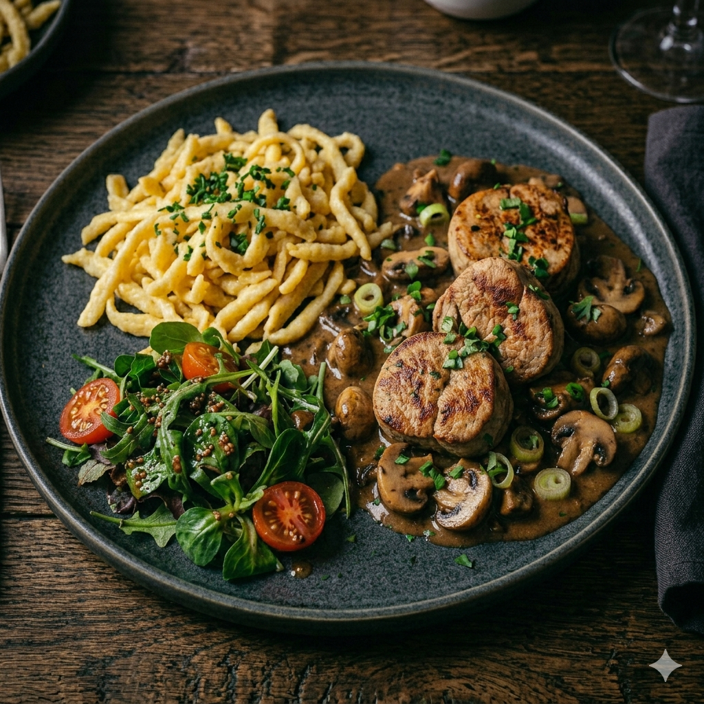 u003cbru003eSchweinefilet in Pilzrahm mit Spätzle