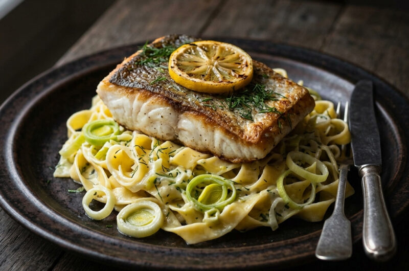 Steinbeißerfilet auf Lauch-Pasta-Nest