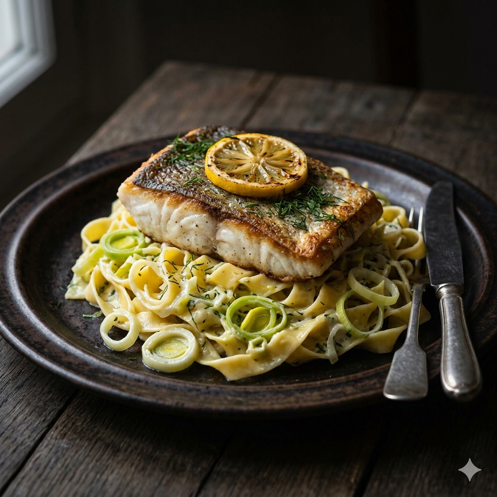 u003cbru003eSteinbeißerfilet auf Lauch-Pasta-Nest