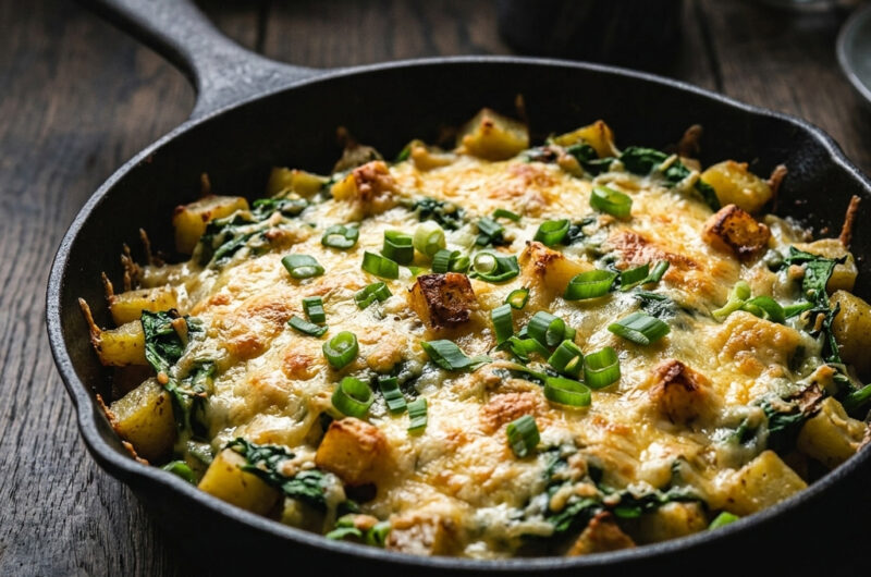 Überbackene Kartoffel-Spinat-Pfanne mit jungem Gouda 