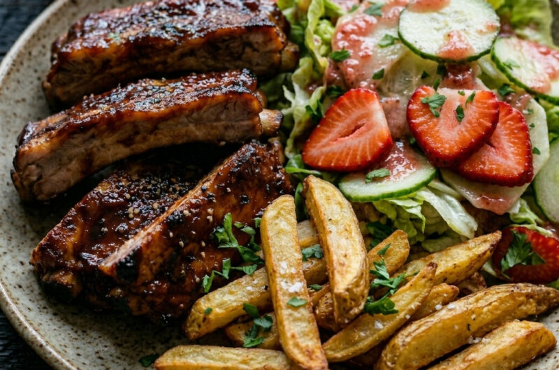 BBQ-Spareribs mit Erdbeer-Vinaigrette-Salat und Ofen-Pommes