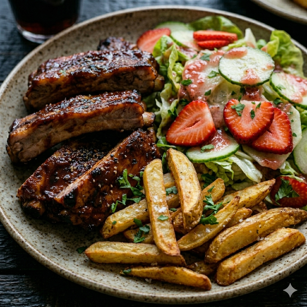 u003cbru003eBBQ-Spareribs mit Erdbeer-Vinaigrette-Salat und Ofen-Pommes