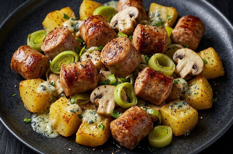 Bratwurst-Pfanne mit Porree, Pilzen & Gorgonzola-Kartoffeln