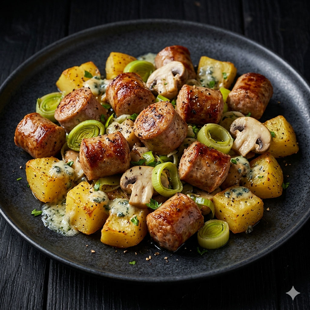 u003cbru003eBratwurst-Pfanne mit Porree, Pilzen u0026amp; Gorgonzola-Kartoffeln
