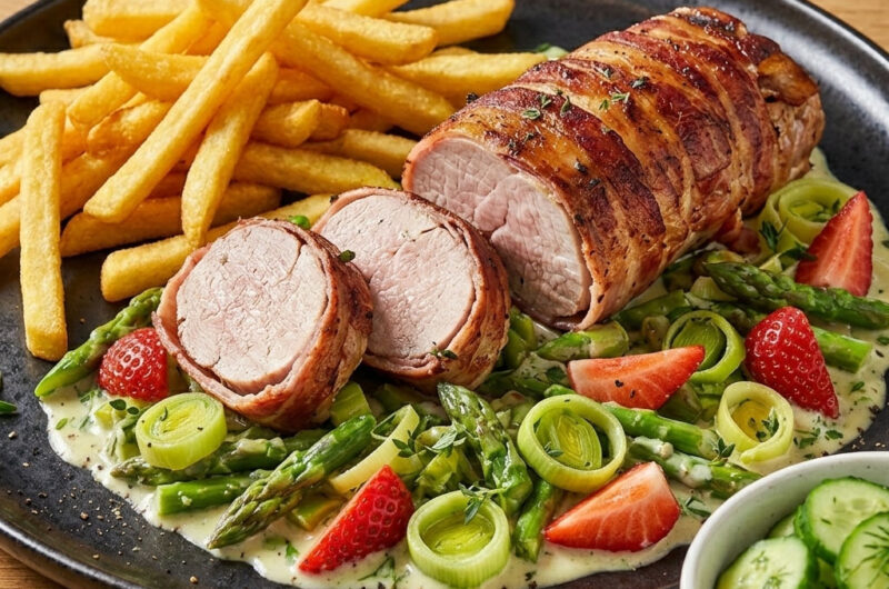 Fruchtiges Schweinefilet im Speckmantel auf Spargel-Ragout