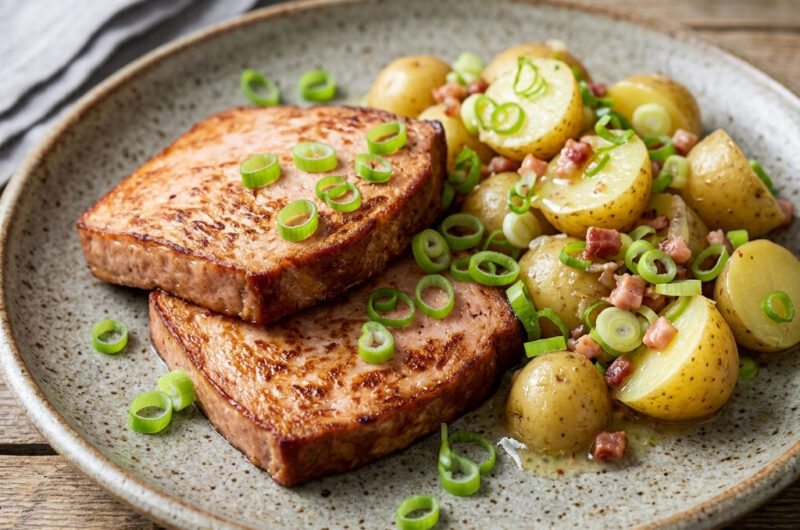 Gebratene Fleischkäse-Steaks mit warmem Kartoffelsalat