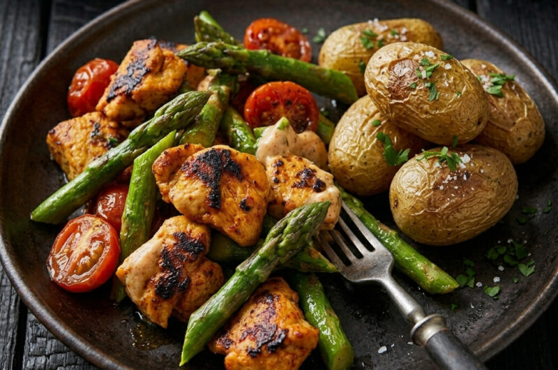Kebab-Putenpfanne mit grünem Spargel und Drillings-Kartoffeln