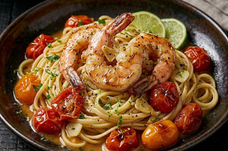 Knoblauch-Riesengarnelen auf Rispentomaten-Pasta & Limette
