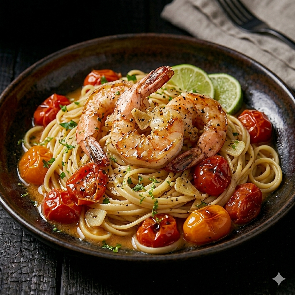 u003cbru003eKnoblauch-Riesengarnelen auf Rispentomaten-Pasta u0026amp; Limette