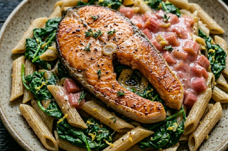 Lachssteaks auf Zitronen-Spinat mit Rhabarber-Butter und Penne